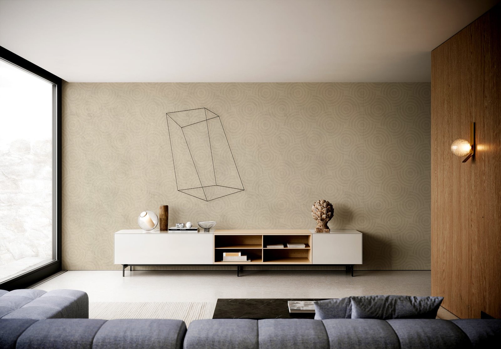 Salon avec mur design en céramique